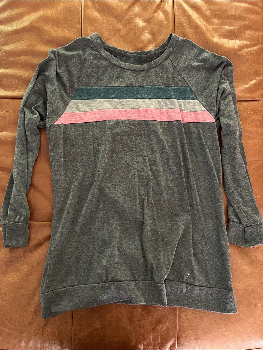Womens' Gray Long-Sleeve Top with Pink & Teal Stripes